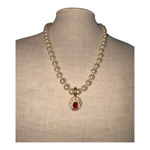 Roman Faux Pearl Necklace Red Rhinestone Pendant Gold Tone Vintage Style J43